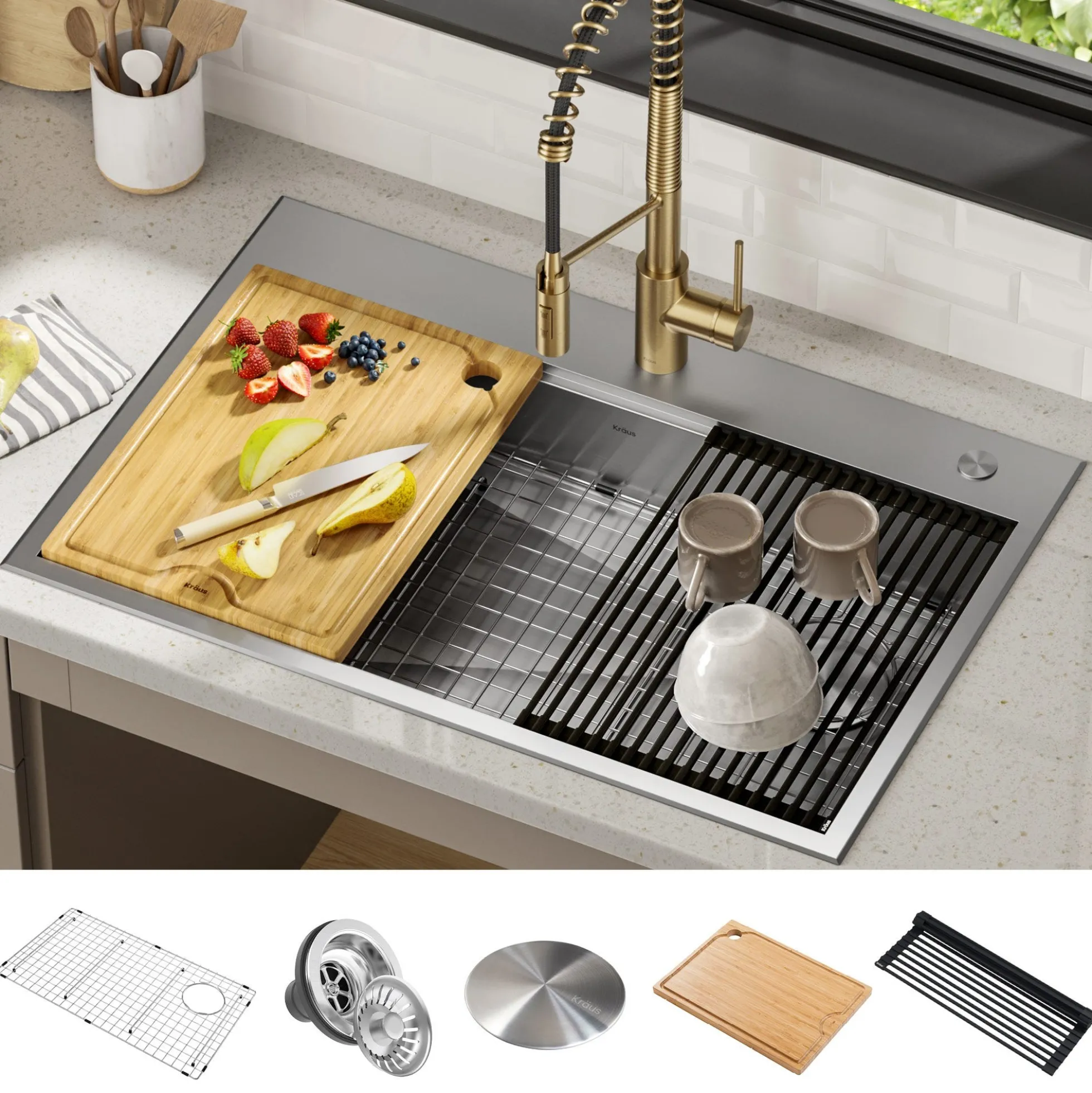 ADA Workstation 33" Drop-In / Top Mount 16 Gauge Stainless Steel Single Bowl Kitchen Sink with Accessories