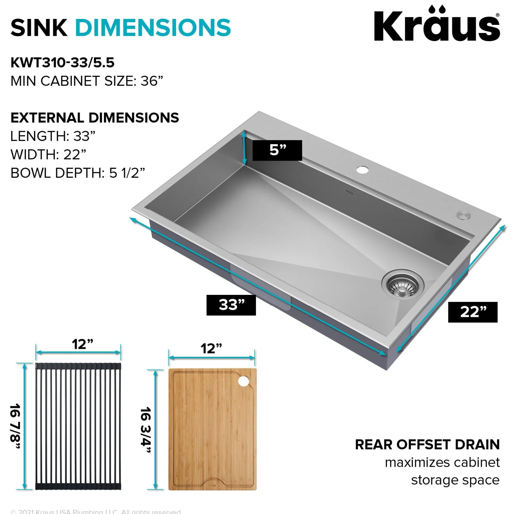ADA Workstation 33" Drop-In / Top Mount 16 Gauge Stainless Steel Single Bowl Kitchen Sink with Accessories