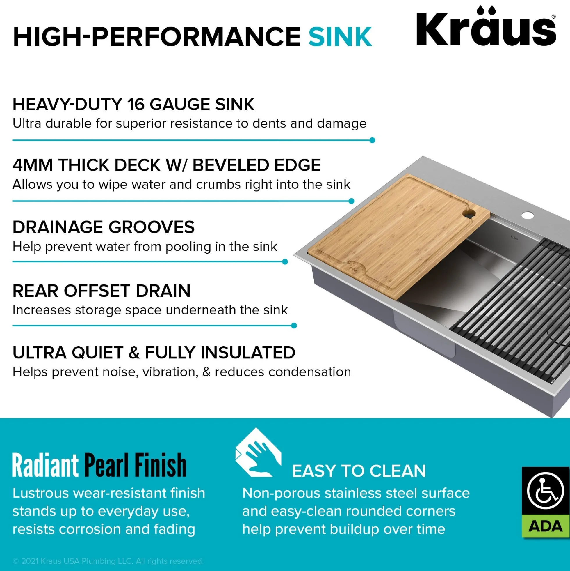 ADA Workstation 33" Drop-In / Top Mount 16 Gauge Stainless Steel Single Bowl Kitchen Sink with Accessories