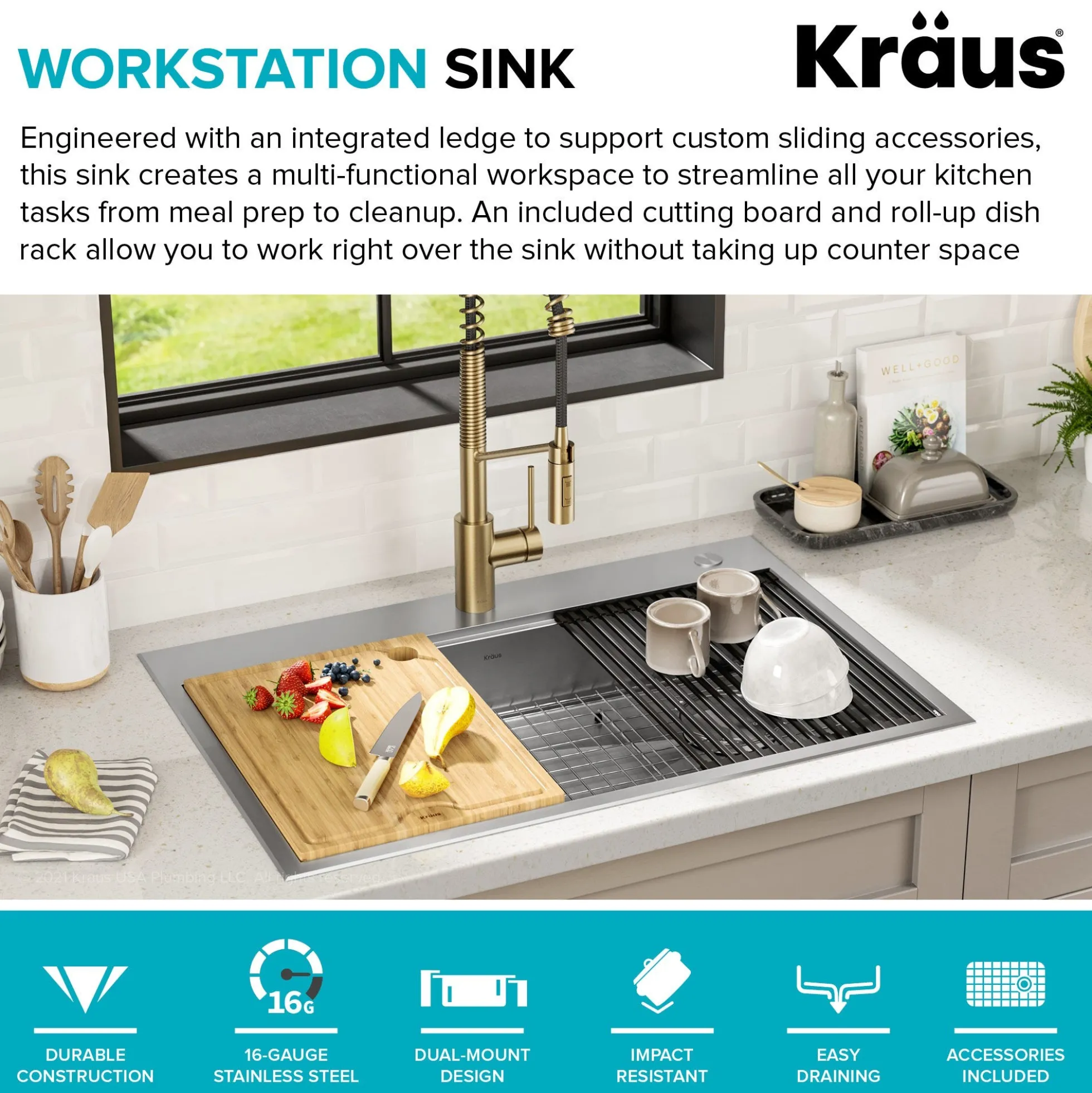 ADA Workstation 33" Drop-In / Top Mount 16 Gauge Stainless Steel Single Bowl Kitchen Sink with Accessories
