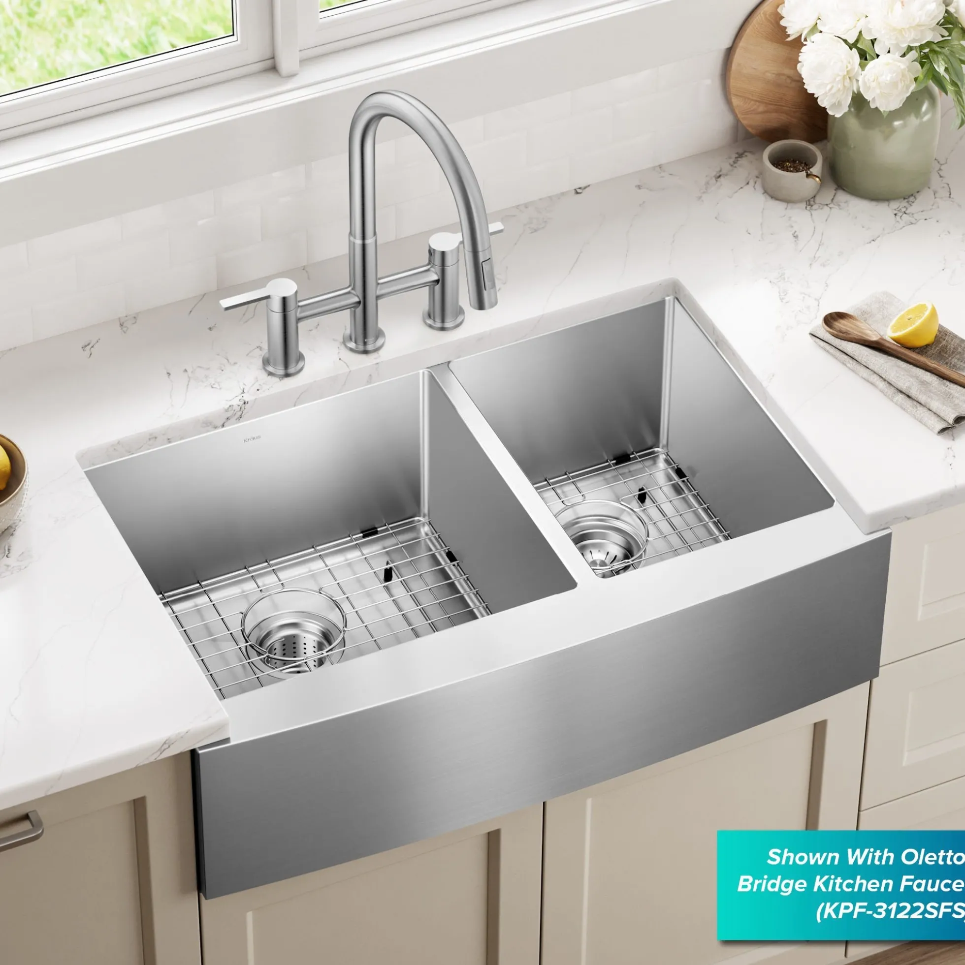 33" Apron Front Farmhouse 16 Gauge 60/40 Double Bowl Stainless Steel Kitchen Sink