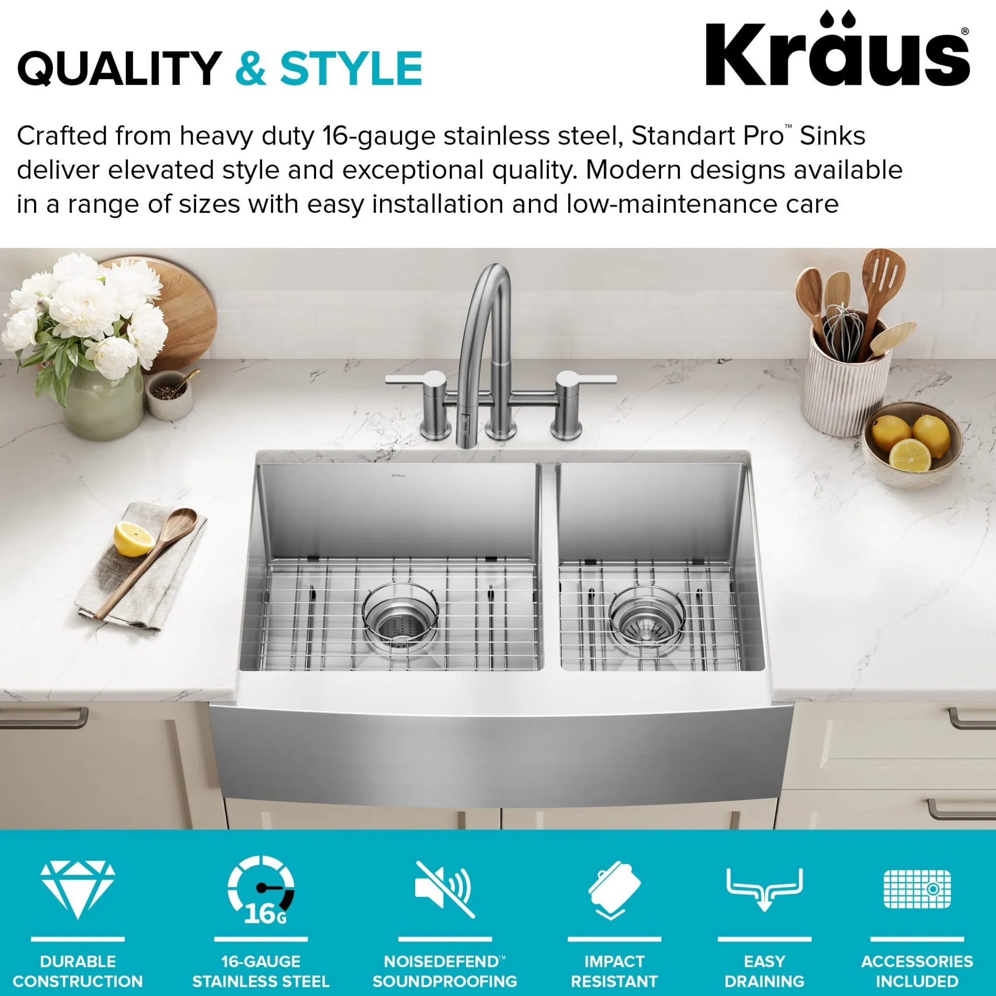33" Apron Front Farmhouse 16 Gauge 60/40 Double Bowl Stainless Steel Kitchen Sink