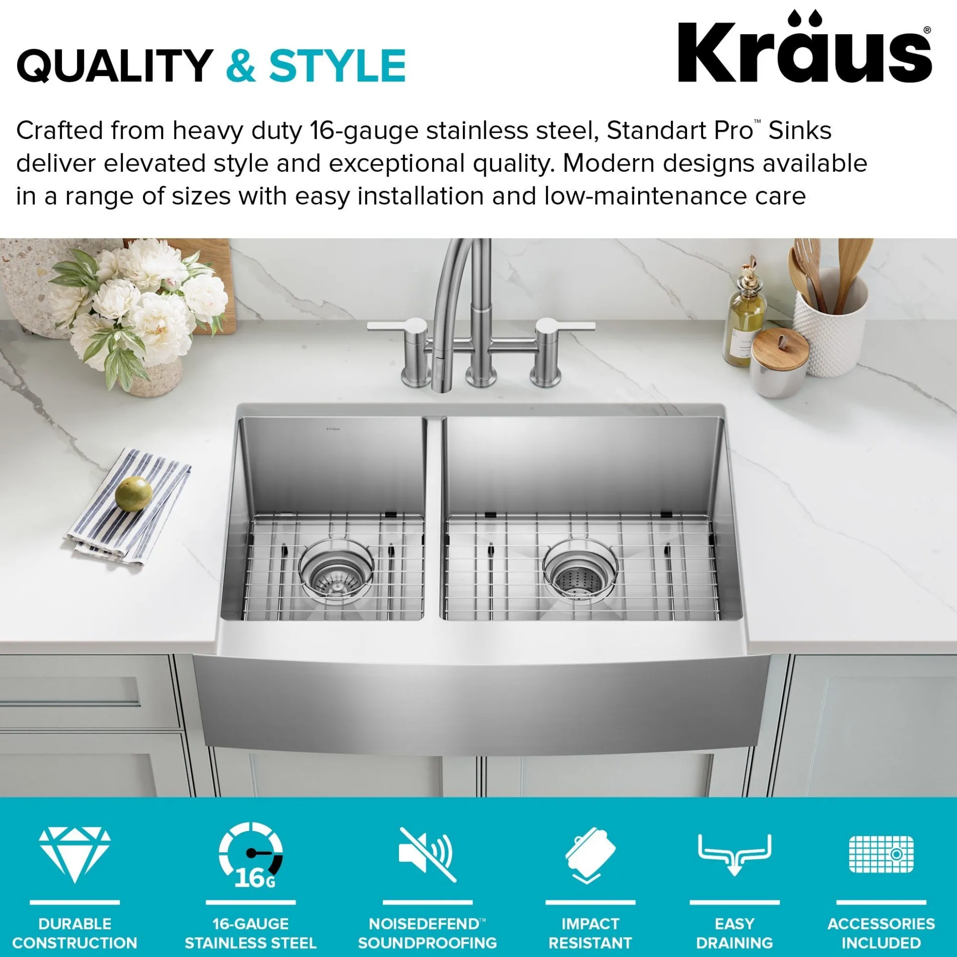 33" Apron Front Farmhouse 16 Gauge 40/60 Double Bowl Stainless Steel Kitchen Sink