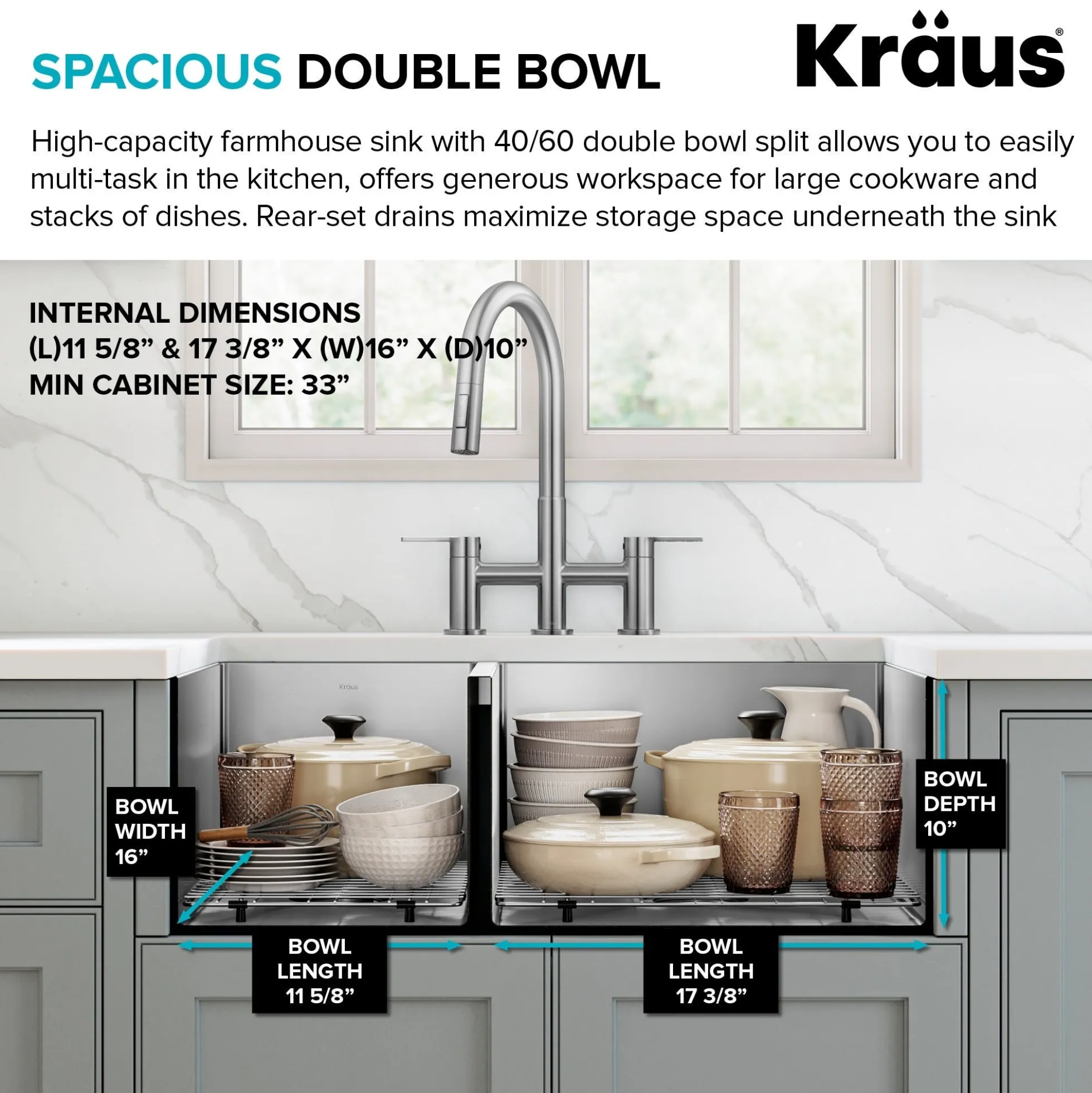 33" Apron Front Farmhouse 16 Gauge 40/60 Double Bowl Stainless Steel Kitchen Sink