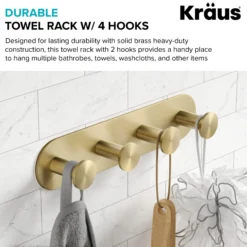 Bathroom Robe and Towel Hook Rack with 4 Hooks in Brushed Gold