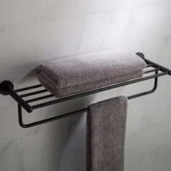 Bathroom Shelf with Towel Bar in Matte Black