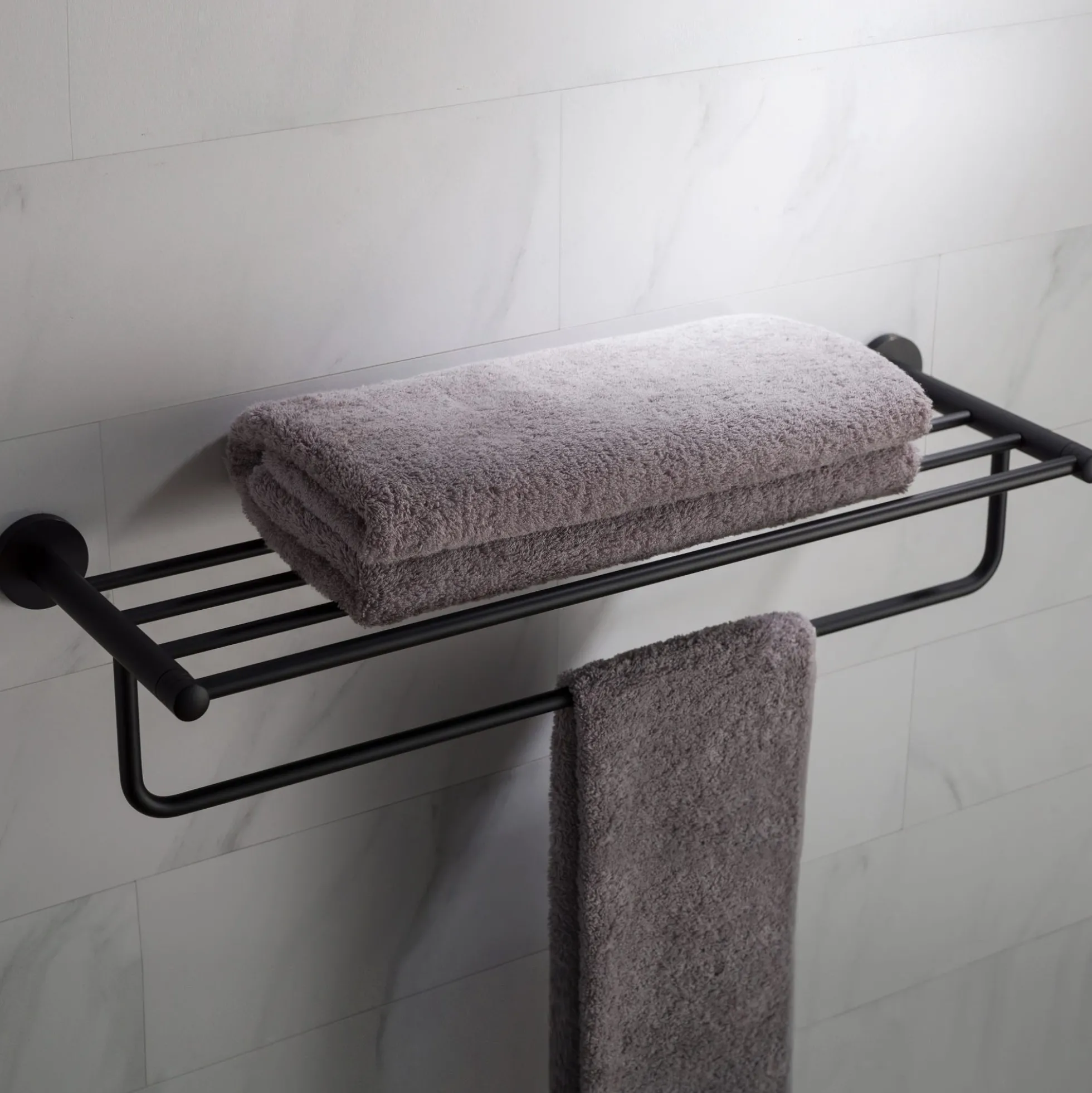 Bathroom Shelf with Towel Bar in Matte Black