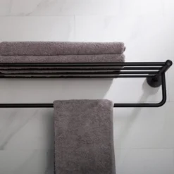 Bathroom Shelf with Towel Bar in Matte Black