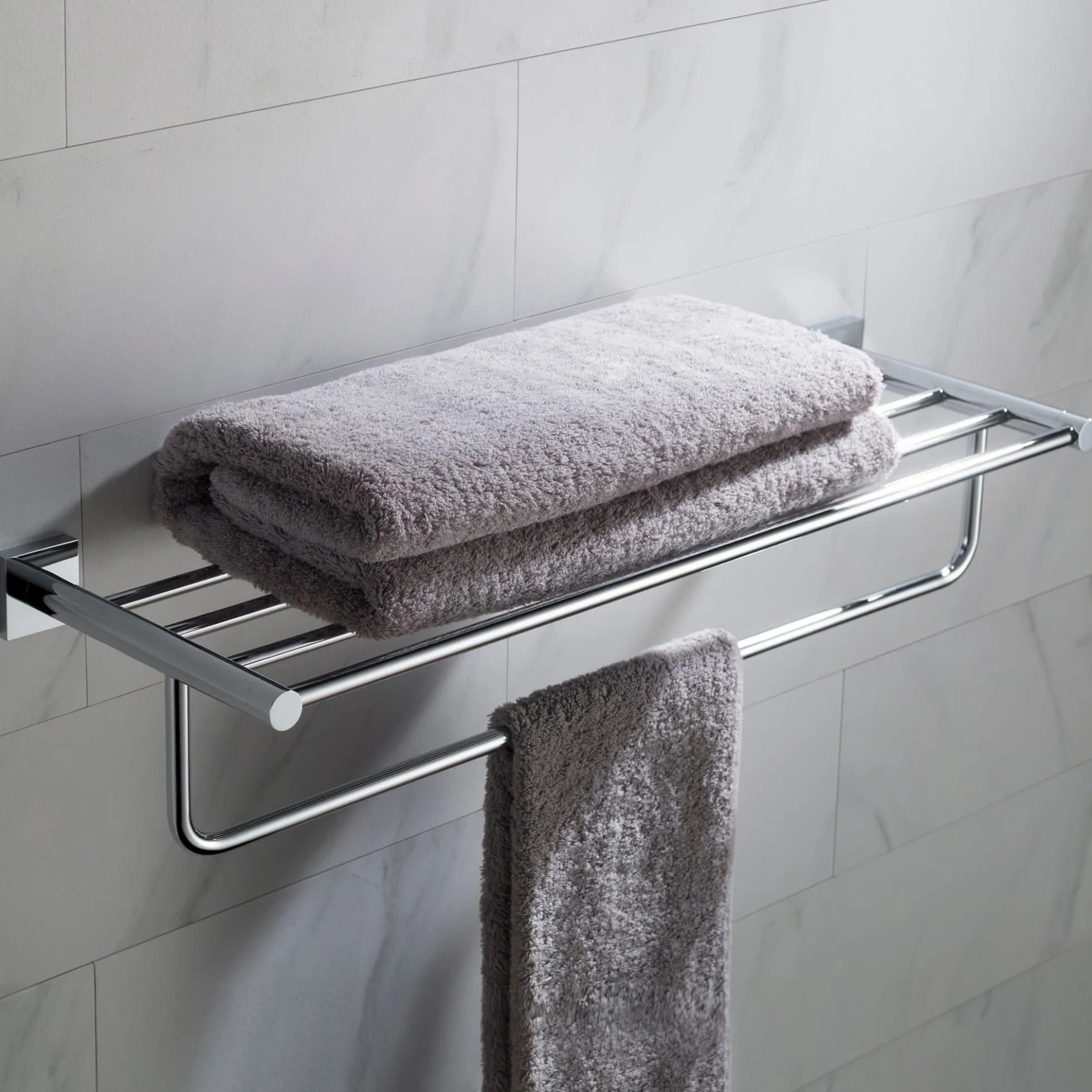 Bathroom Shelf with Towel Bar in Chrome
