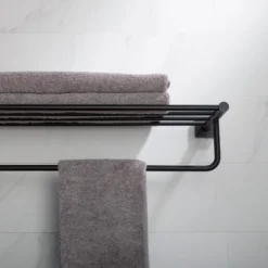 Bathroom Shelf with Towel Bar in Matte Black