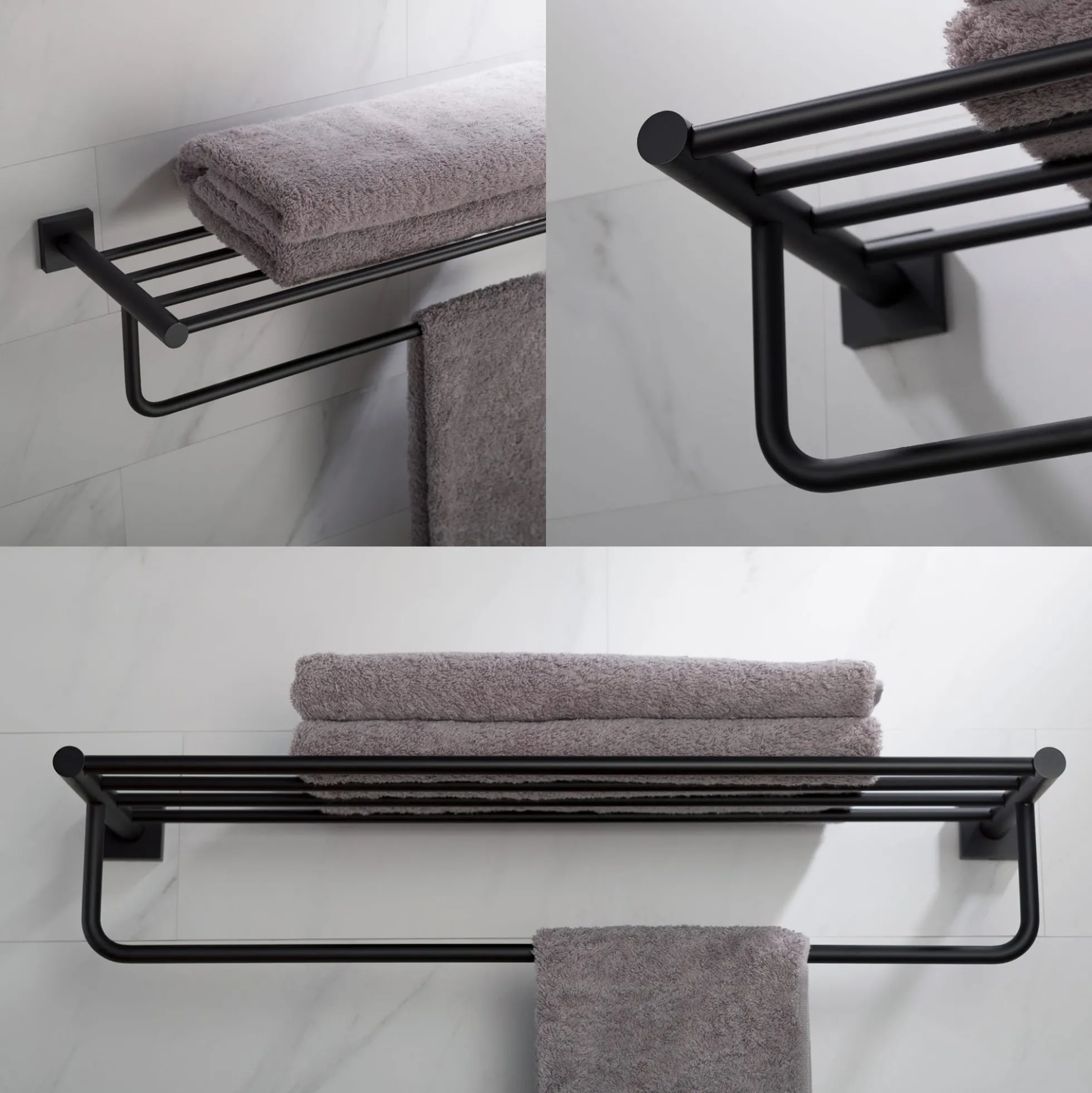 Bathroom Shelf with Towel Bar in Matte Black