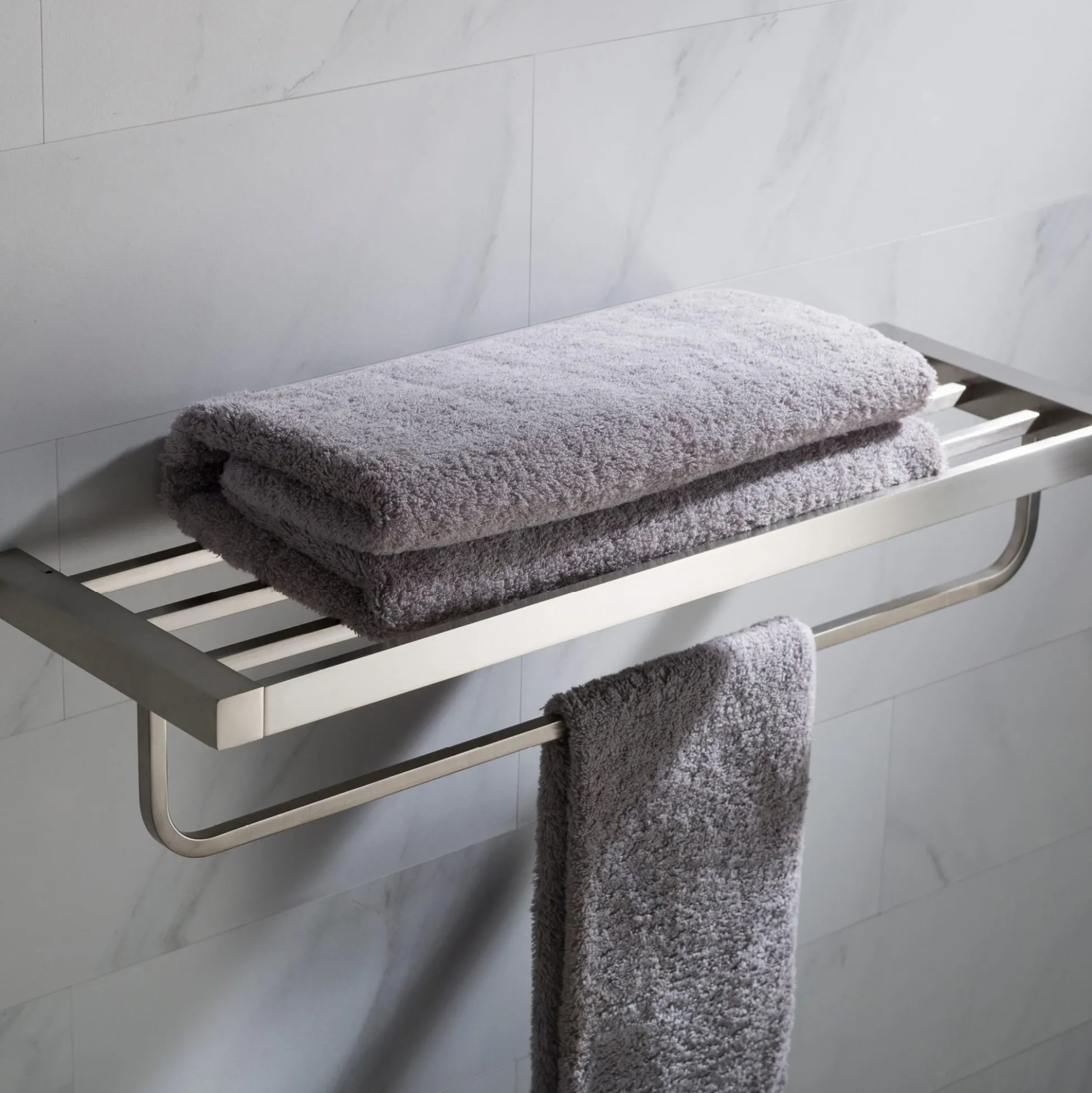 Bathroom Shelf with Towel Bar in Brushed Nickel