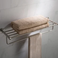 Bathroom Shelf with Towel Bar in Brushed Nickel