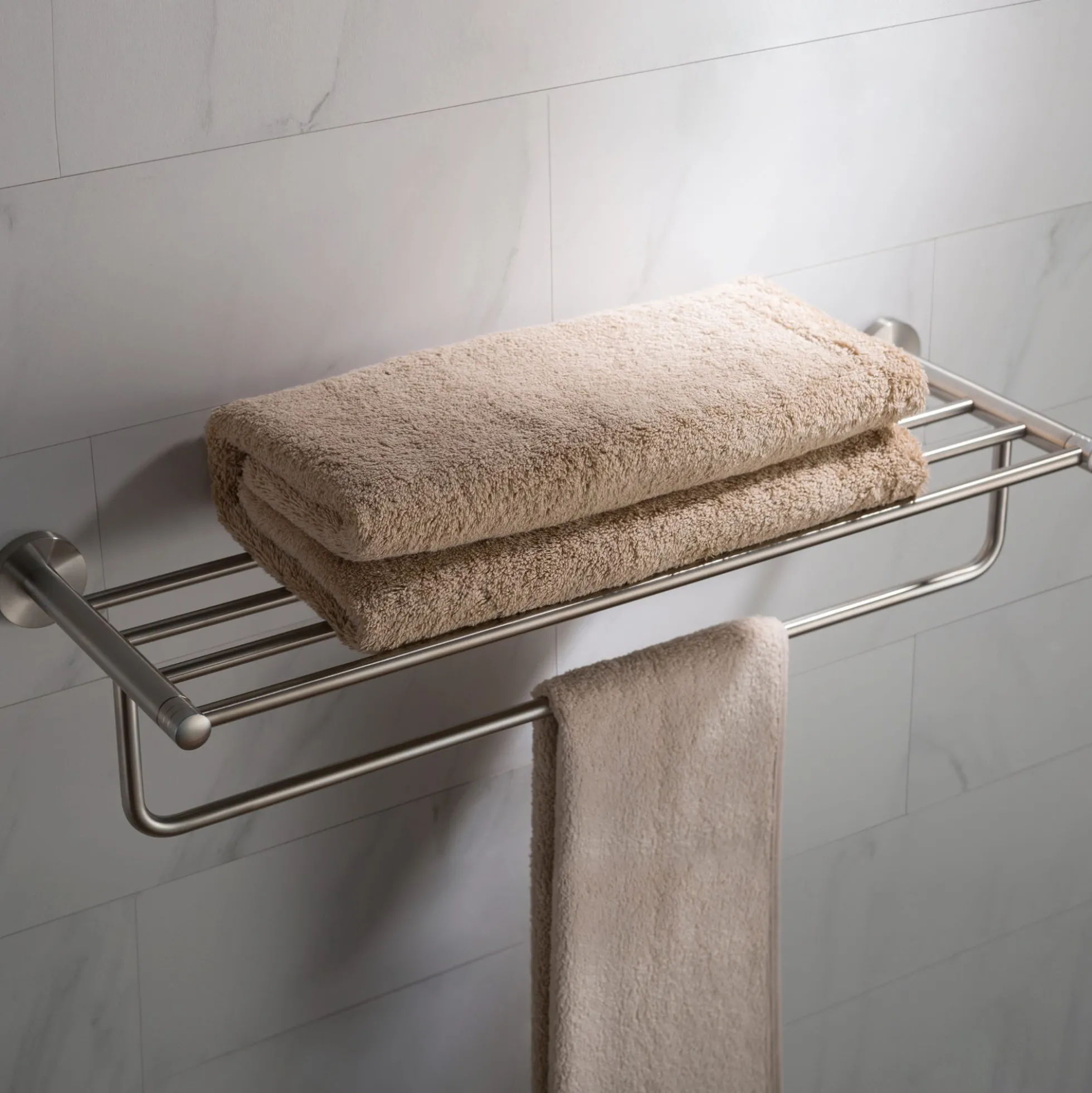 Bathroom Shelf with Towel Bar in Brushed Nickel
