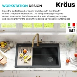 Bellucci Workstation 33 in. Drop-In Granite Composite Single Bowl Kitchen Sink in Metallic Black with Accessories with WasteGuard™ Continuous Feed Garbage Disposal
