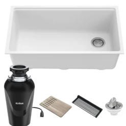 Bellucci Workstation 32 in. Undermount Granite Composite Single Bowl Kitchen Sink in White with Accessories with WasteGuard™ Continuous Feed Garbage Disposal