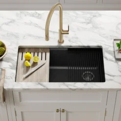 Bellucci Workstation 32 in. Undermount Granite Composite Single Bowl Kitchen Sink in Metallic Black with Accessories with WasteGuard™ Continuous Feed Garbage Disposal
