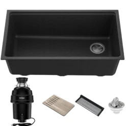 Bellucci Workstation 32 in. Undermount Granite Composite Single Bowl Kitchen Sink in Metallic Black with WasteGuard™ 1 HP Continuous Feed Garbage Disposal and Accessories