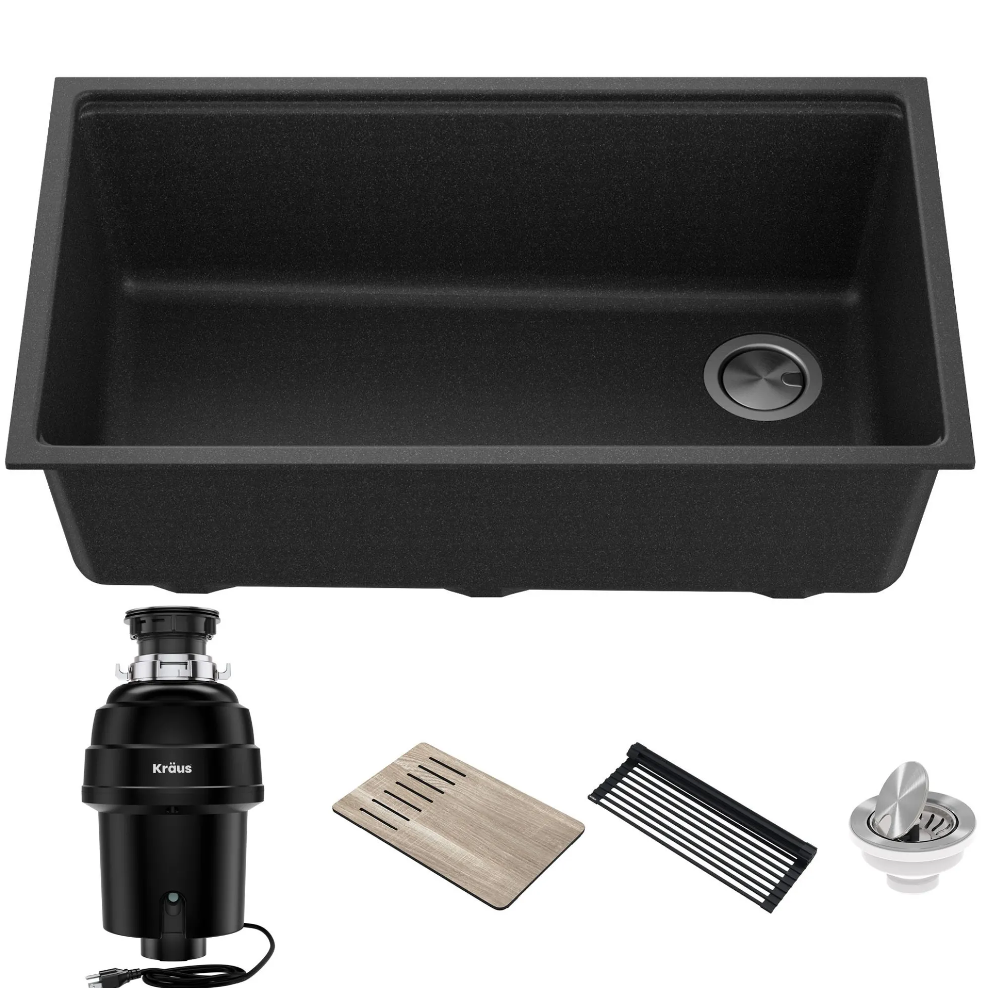 Bellucci Workstation 32 in. Undermount Granite Composite Single Bowl Kitchen Sink in Metallic Black with WasteGuard™ 1 HP Continuous Feed Garbage Disposal and Accessories