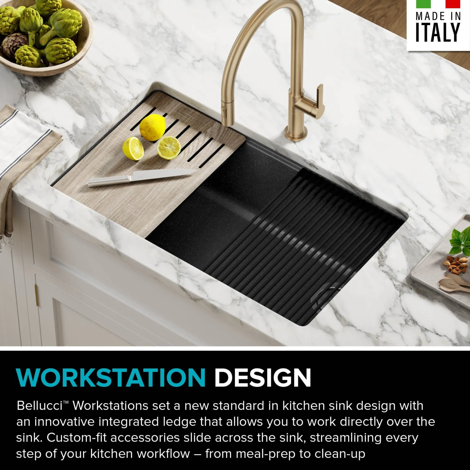 Bellucci Workstation 32 in. Undermount Granite Composite Single Bowl Kitchen Sink in Metallic Black with WasteGuard™ 1 HP Continuous Feed Garbage Disposal and Accessories