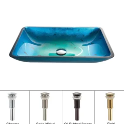 Blue Rectangular Glass Vessel 22" Bathroom Sink w/ Pop-Up Drain in Chrome