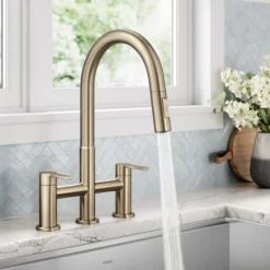 Bridge Kitchen Faucet with Pull-Down Sprayhead in Spot-Free Antique Champagne Bronze