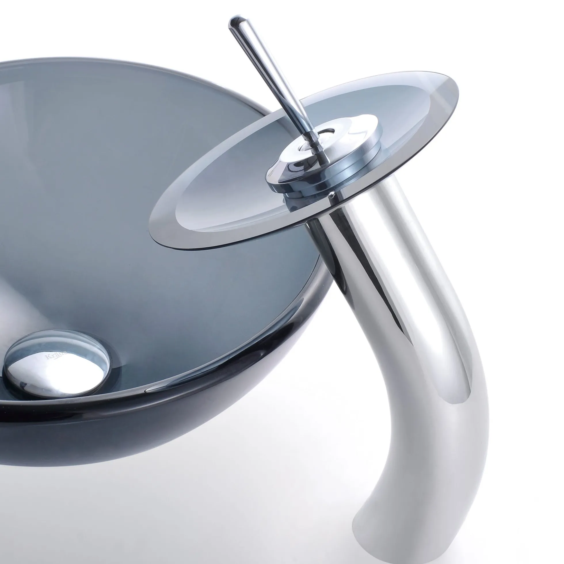 Clear Black Glass Vessel 14" Bathroom Sink w/ Pop-Up Drain in Satin Nickel