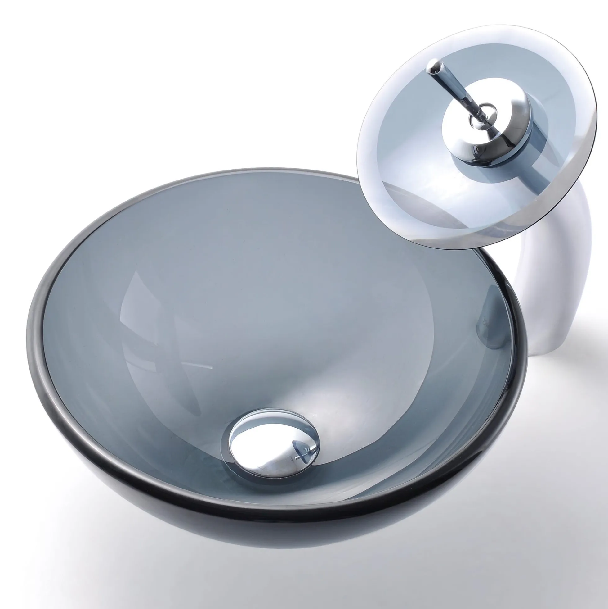 Clear Black Glass Vessel 14" Bathroom Sink w/ Pop-Up Drain in Satin Nickel