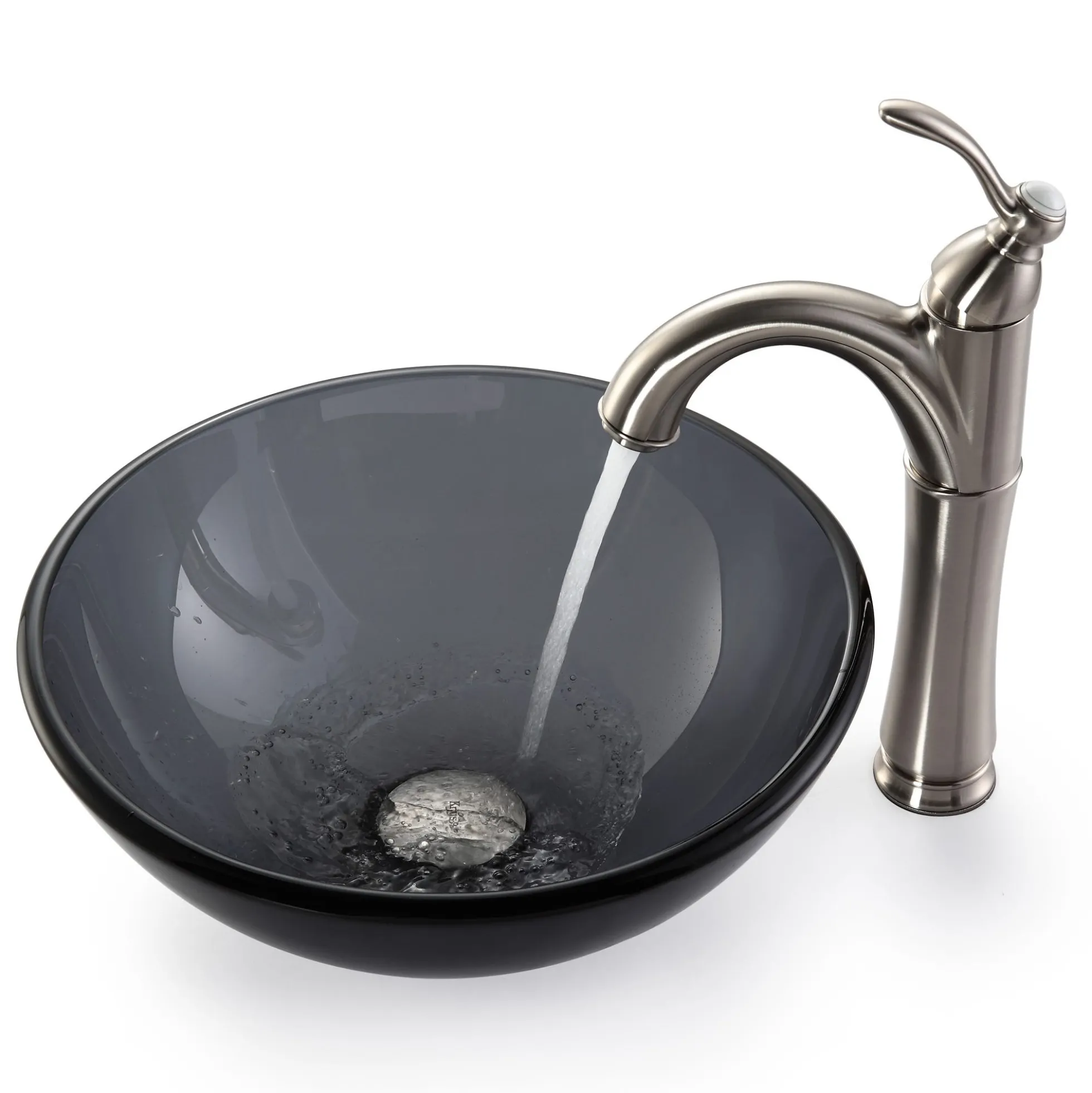 Clear Black Glass Vessel 14" Bathroom Sink w/ Pop-Up Drain in Satin Nickel