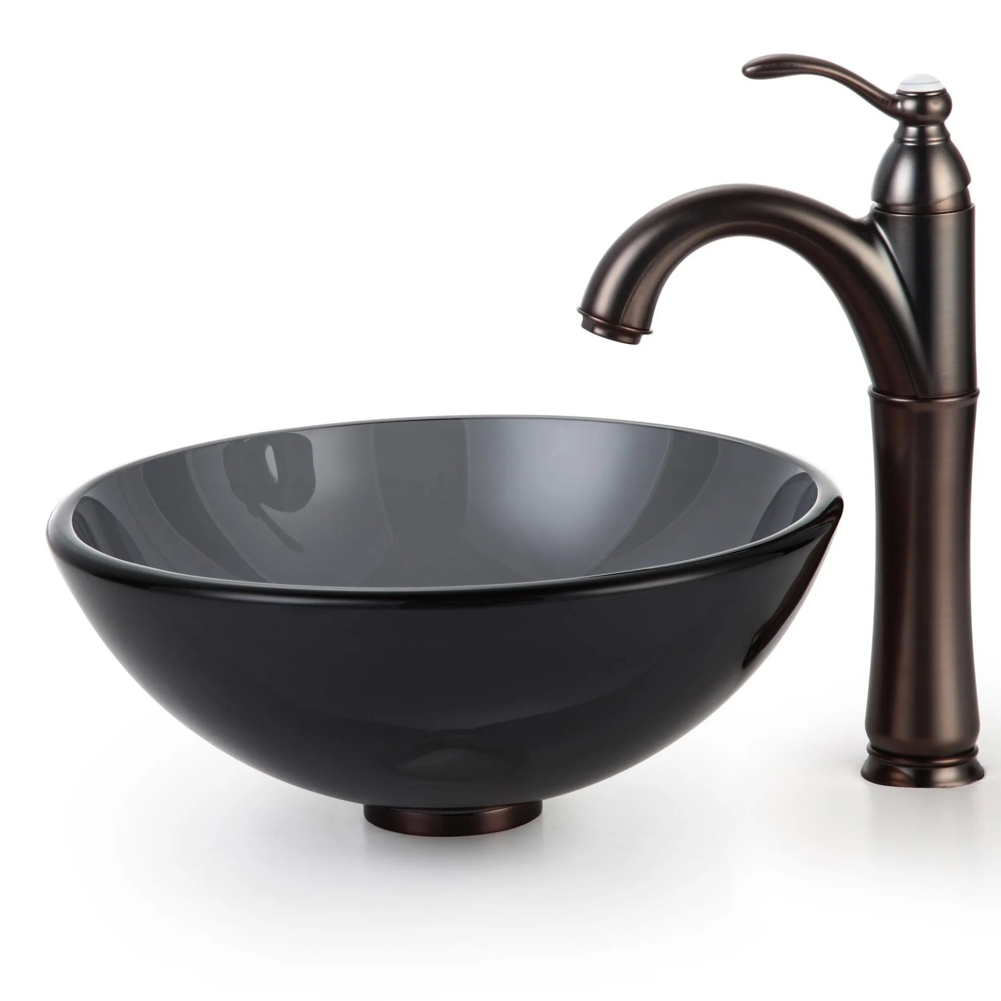 Clear Black Glass Vessel 14" Bathroom Sink w/ Pop-Up Drain in Satin Nickel