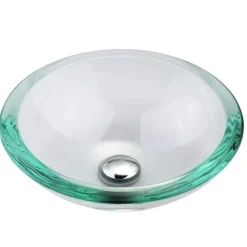 Clear Glass Vessel 17" Bathroom Sink w/ Pop-Up Drain in Satin Nickel