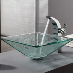Clear Square Glass Vessel 16 1/2" Bathroom Sink w/ Pop-Up Drain in Satin Nickel