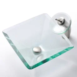 Clear Square Glass Vessel 16 1/2" Bathroom Sink w/ Pop-Up Drain in Satin Nickel