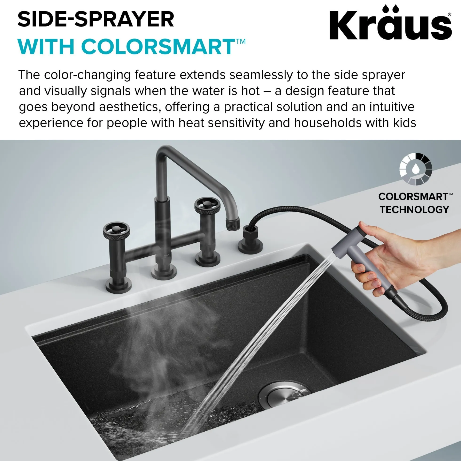 Color-Changing Industrial Bridge Kitchen Faucet with Side Sprayer and ColorSmart™ Technology in Matte Black / Grey
