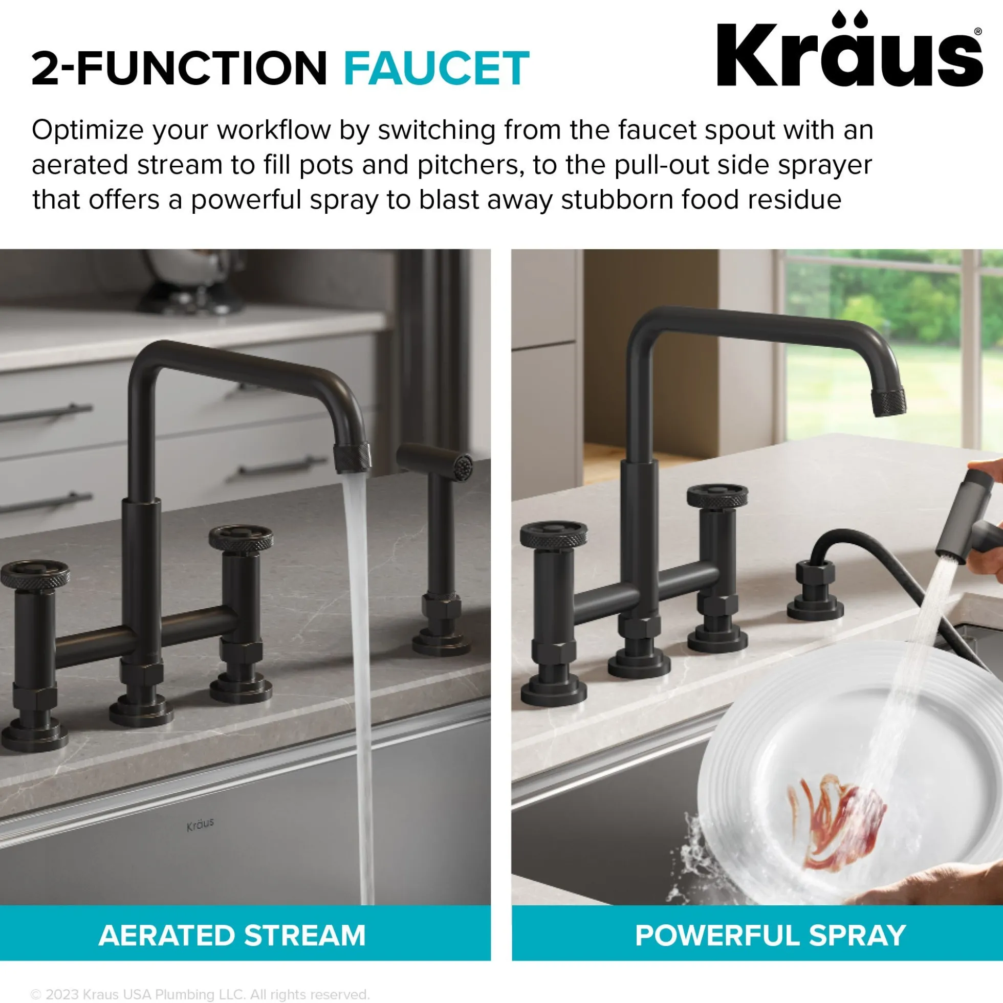 Color-Changing Industrial Bridge Kitchen Faucet with Side Sprayer and ColorSmart™ Technology in Matte Black / Grey