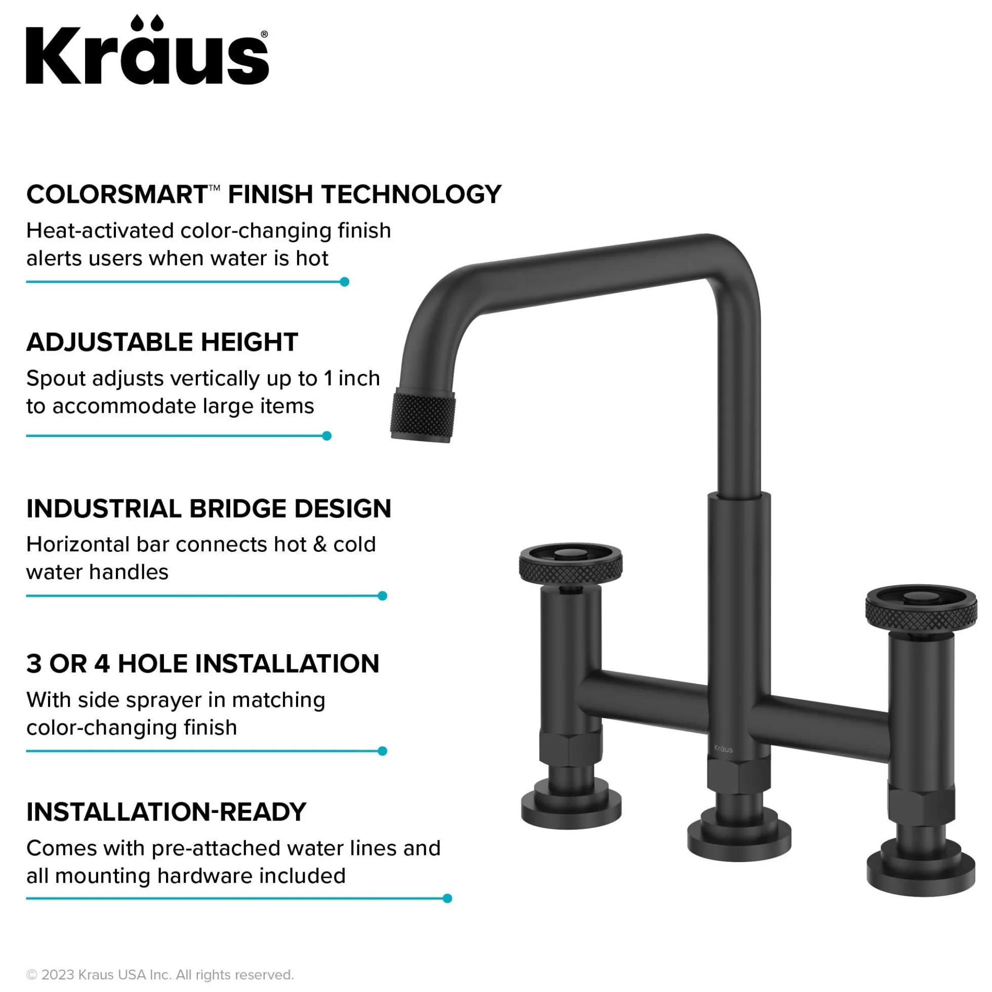 Color-Changing Industrial Bridge Kitchen Faucet with Side Sprayer and ColorSmart™ Technology in Matte Black / Grey
