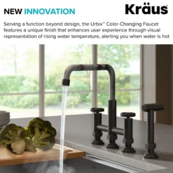 Color-Changing Industrial Bridge Kitchen Faucet with Side Sprayer and ColorSmart™ Technology in Matte Black / Grey