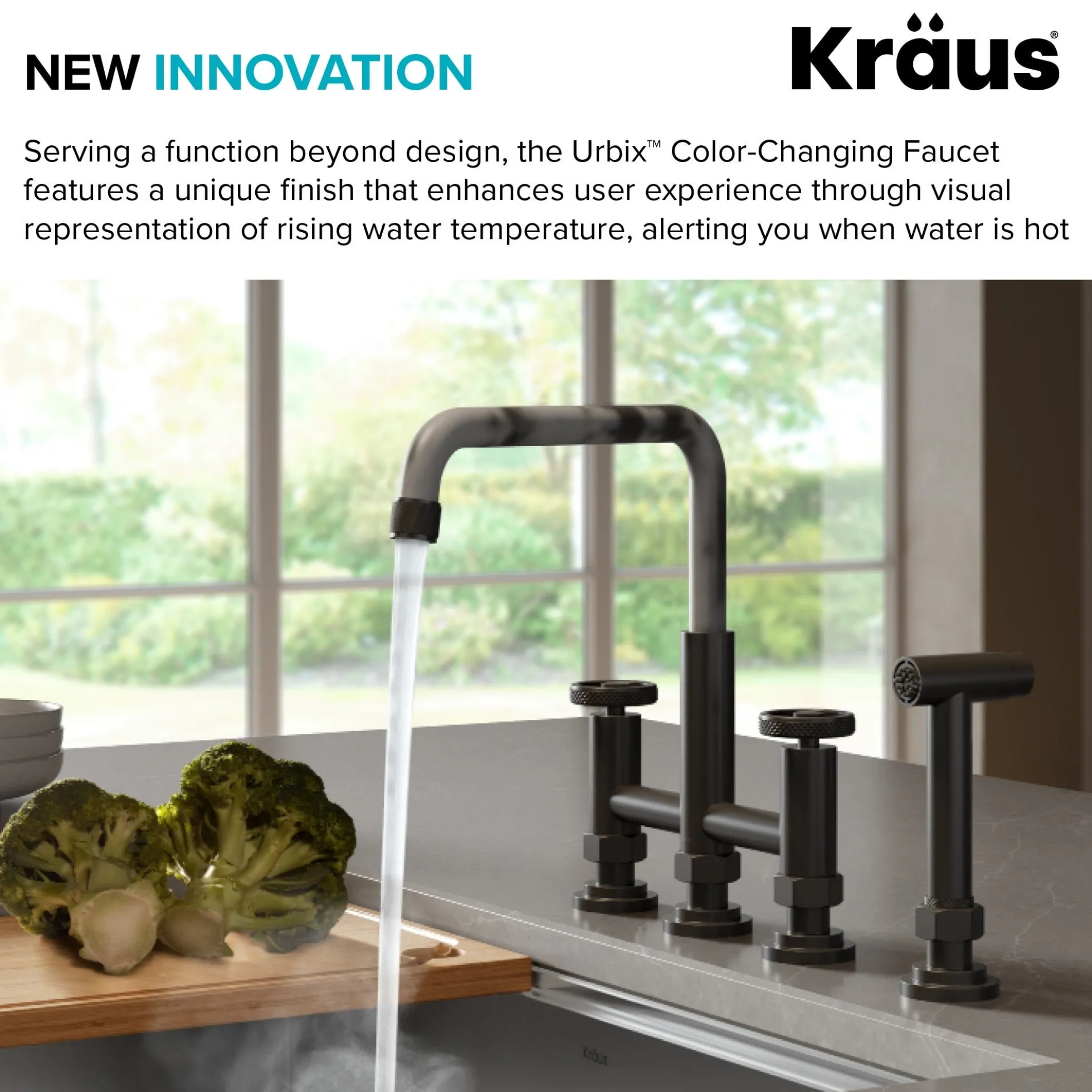 Color-Changing Industrial Bridge Kitchen Faucet with Side Sprayer and ColorSmart™ Technology in Matte Black / Grey