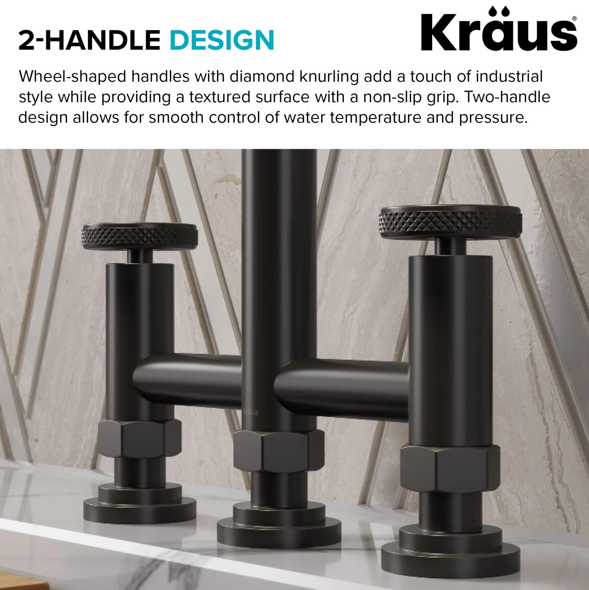 Color-Changing Industrial Bridge Kitchen Faucet with Side Sprayer and ColorSmart™ Technology in Matte Black / Grey