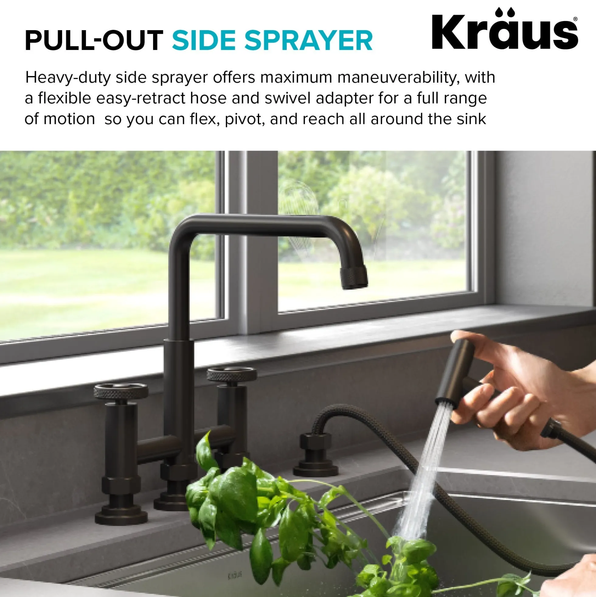 Color-Changing Industrial Bridge Kitchen Faucet with Side Sprayer and ColorSmart™ Technology in Matte Black / Grey