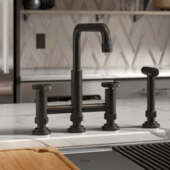 Color-Changing Industrial Bridge Kitchen Faucet with Side Sprayer and ColorSmart™ Technology in Matte Black / Grey