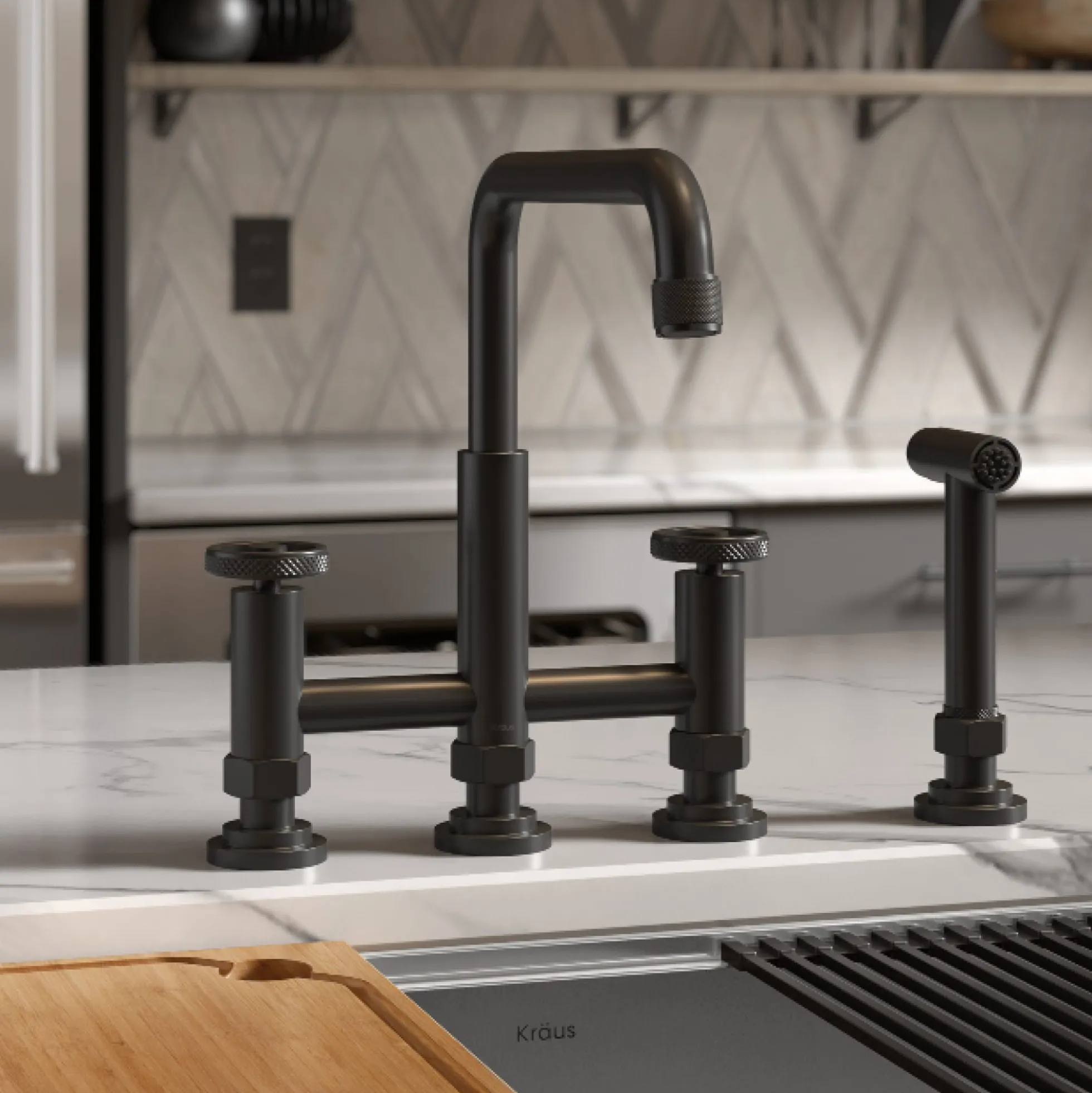 Color-Changing Industrial Bridge Kitchen Faucet with Side Sprayer and ColorSmart™ Technology in Matte Black / Grey