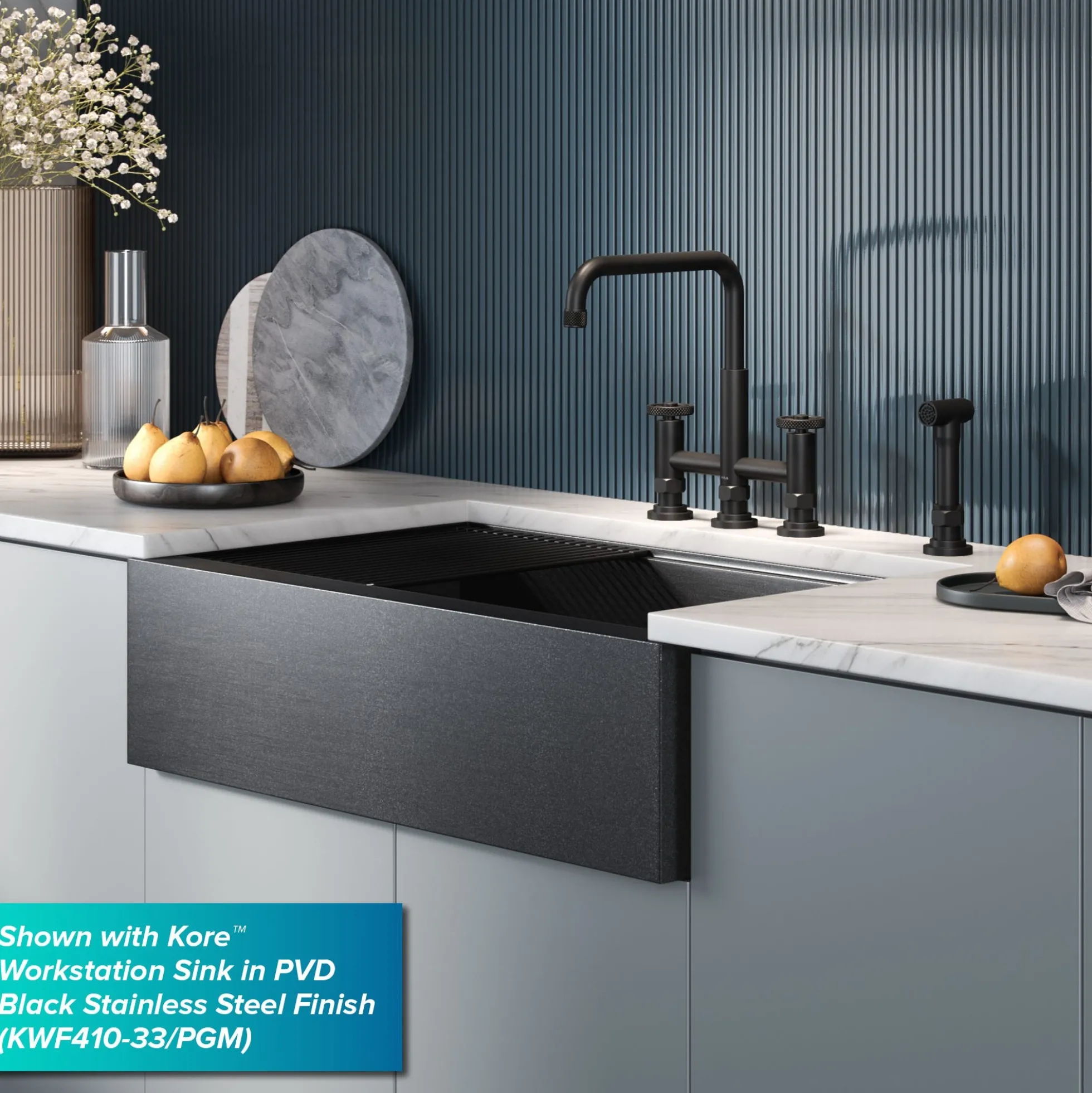 Color-Changing Industrial Bridge Kitchen Faucet with Side Sprayer and ColorSmart™ Technology in Matte Black / Grey