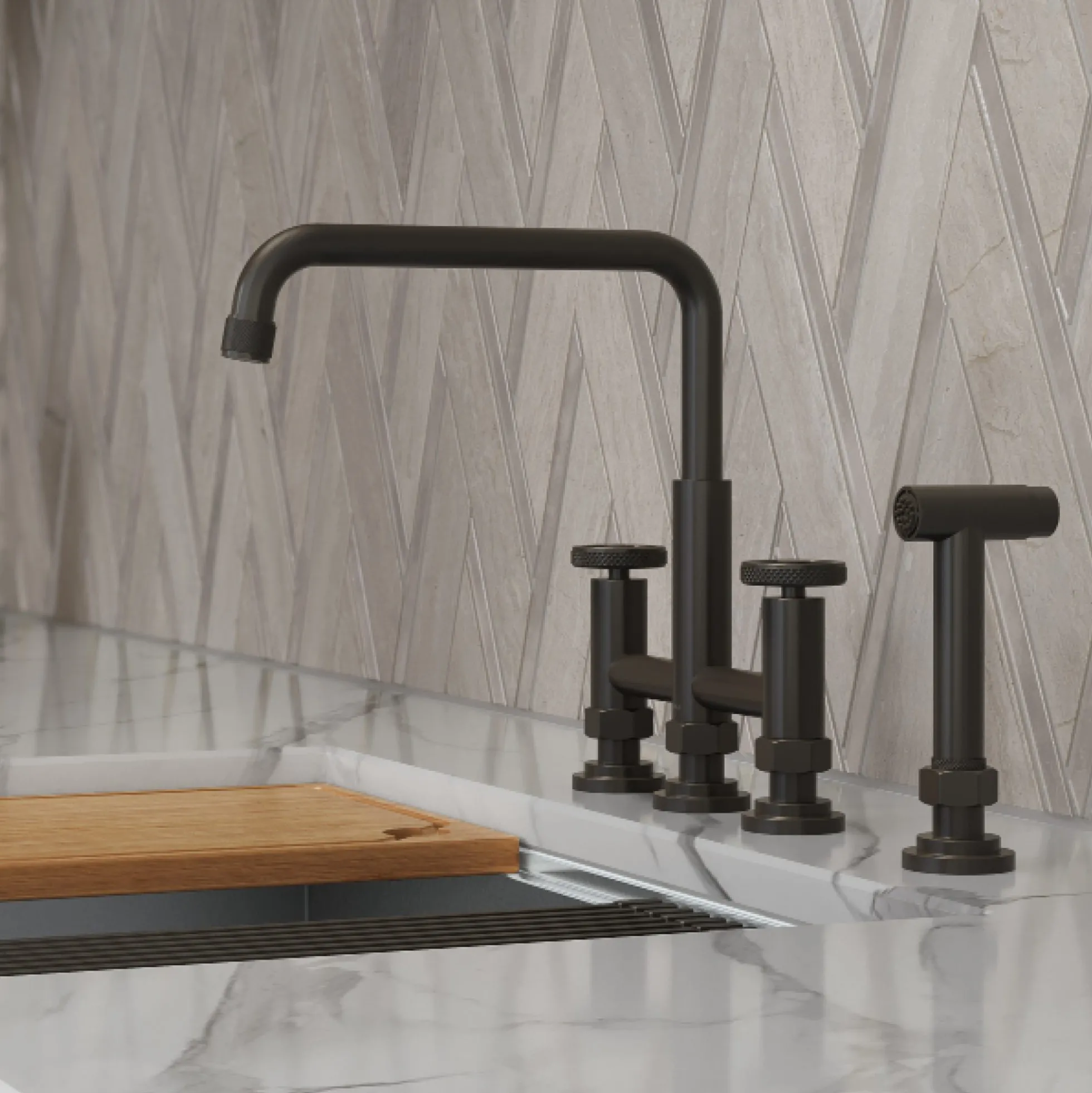 Color-Changing Industrial Bridge Kitchen Faucet with Side Sprayer and ColorSmart™ Technology in Matte Black / Grey