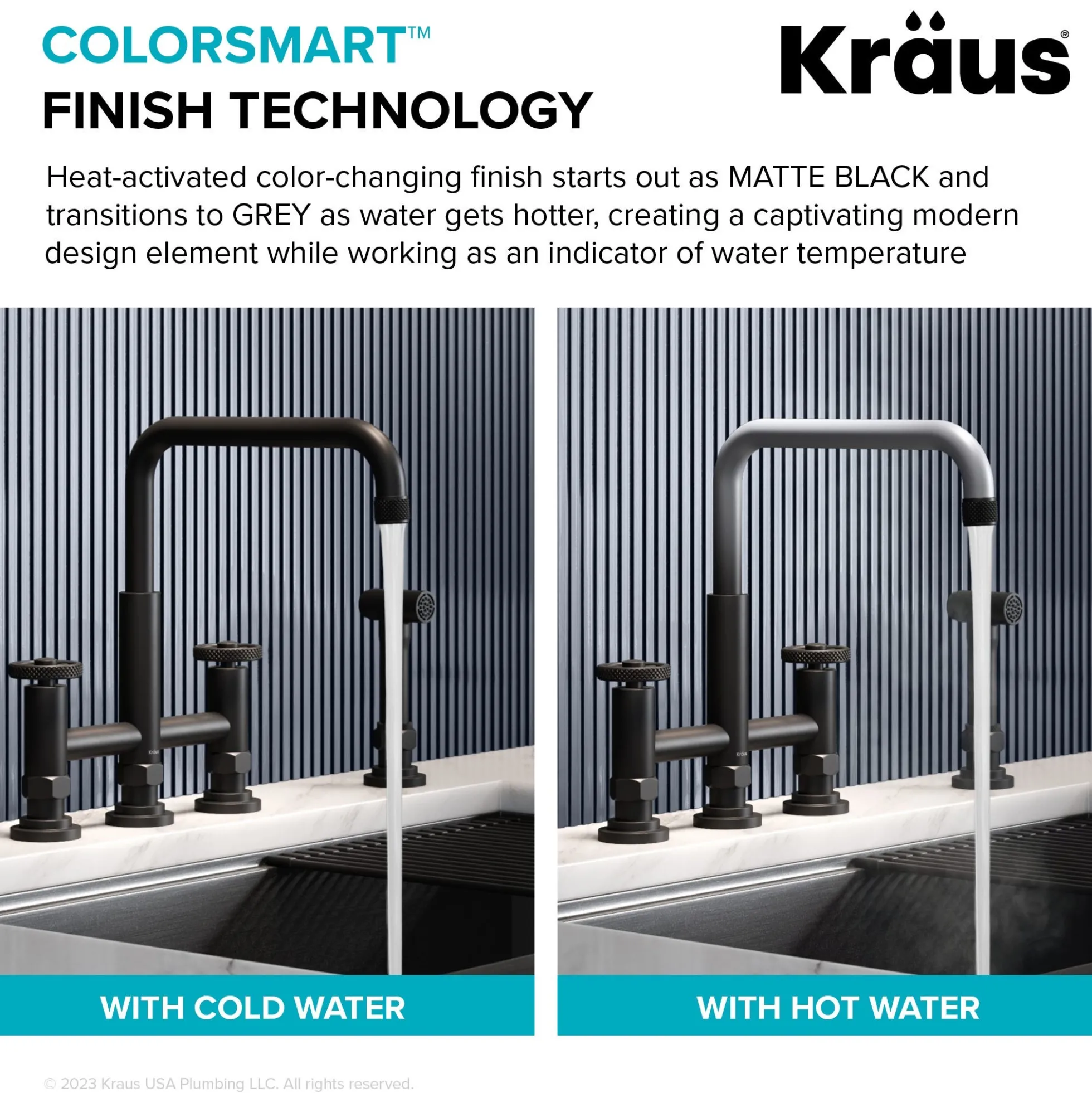Color-Changing Industrial Bridge Kitchen Faucet with Side Sprayer and ColorSmart™ Technology in Matte Black / Grey