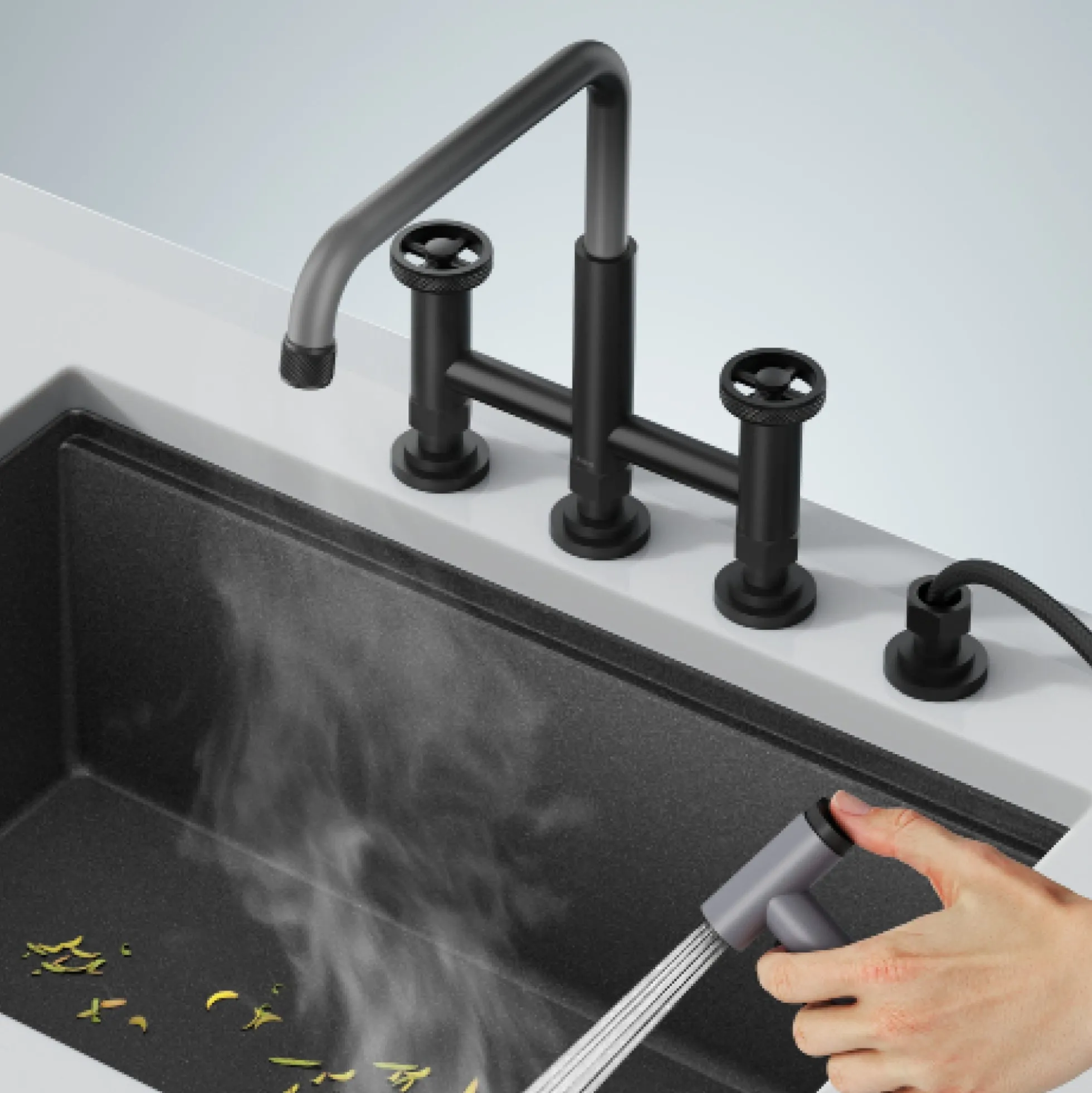 Color-Changing Industrial Bridge Kitchen Faucet with Side Sprayer and ColorSmart™ Technology in Matte Black / Grey