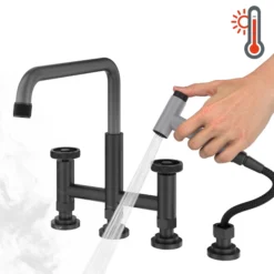 Color-Changing Industrial Bridge Kitchen Faucet with Side Sprayer and ColorSmart™ Technology in Matte Black / Grey