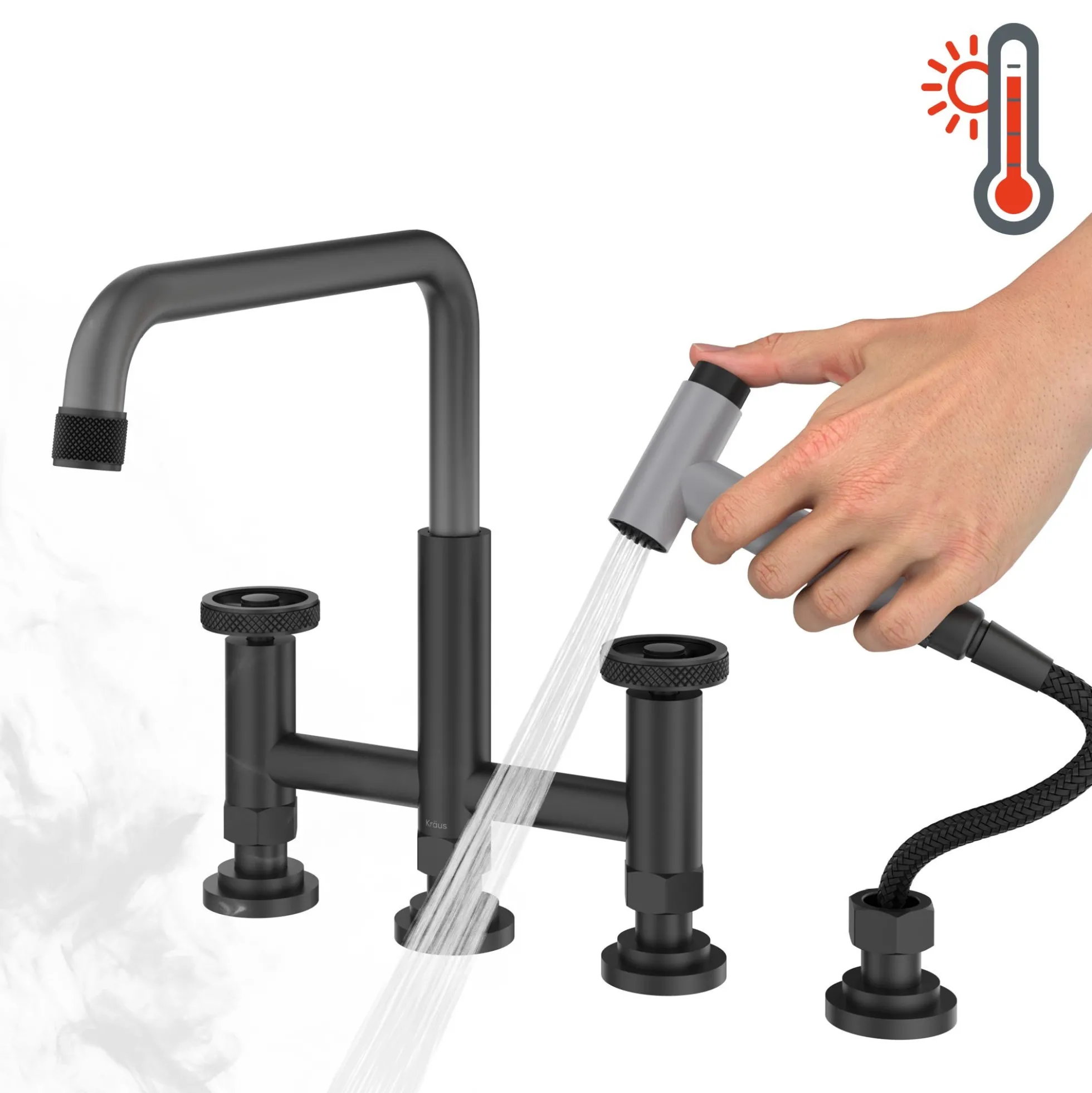 Color-Changing Industrial Bridge Kitchen Faucet with Side Sprayer and ColorSmart™ Technology in Matte Black / Grey