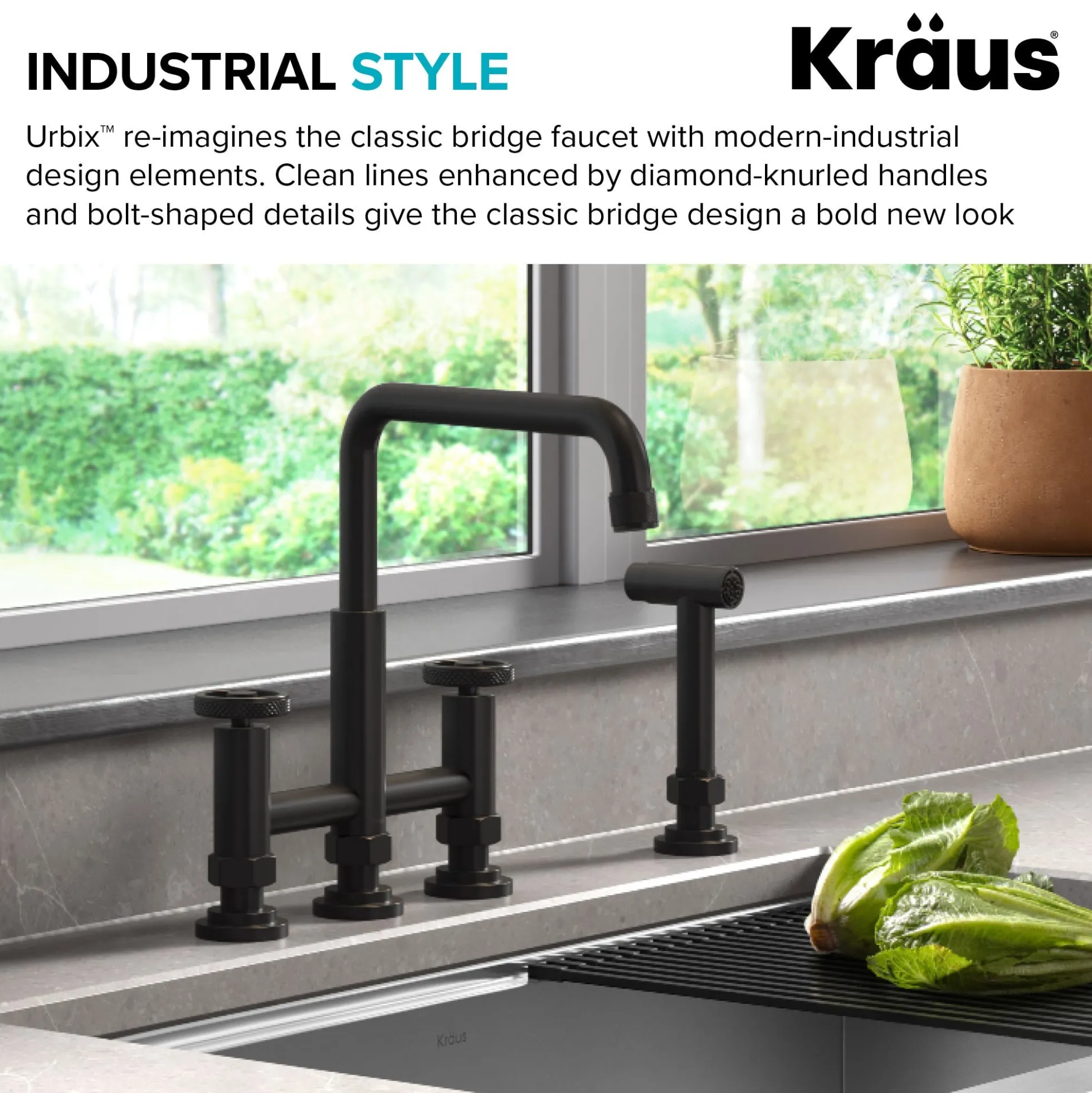 Color-Changing Industrial Bridge Kitchen Faucet with Side Sprayer and ColorSmart™ Technology in Matte Black / Grey