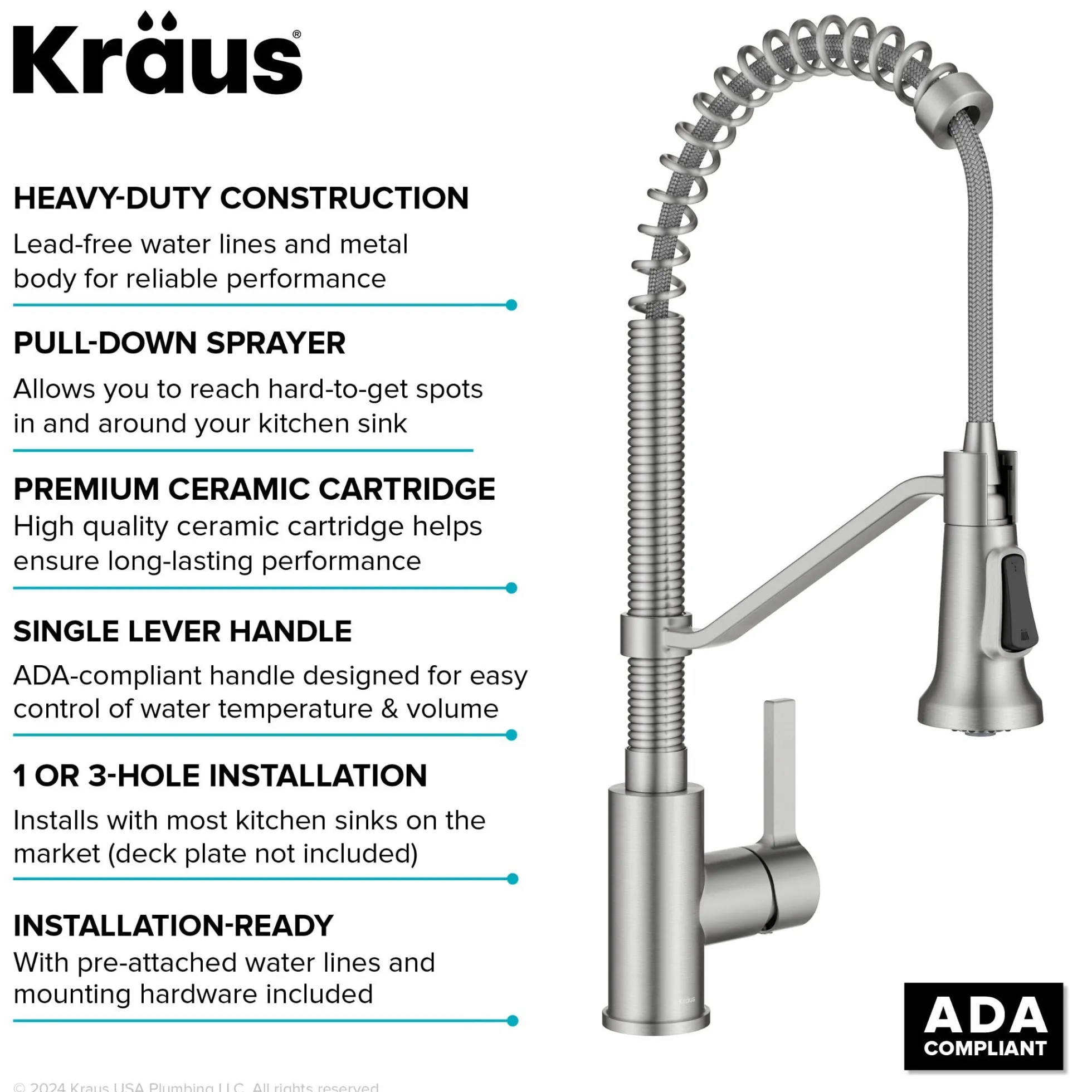 Commercial Style 2-Function Single Handle Pull Down Kitchen Faucet in Spot-Free Stainless Steel